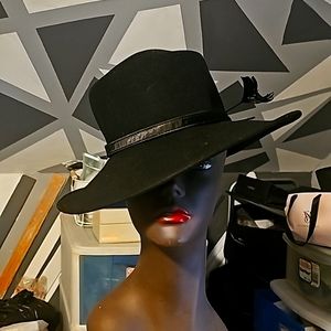 Plaza Suite Designer 100% Wool Hat, Black w/Large Satin Flower & Bow, Large Brim